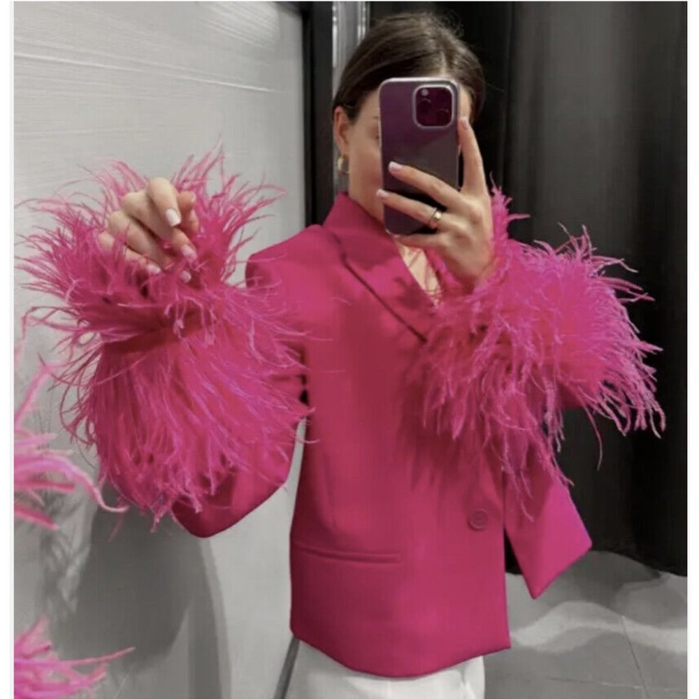 ZARA FUCHSIA SHORT FEATHER BLAZER JACKET XS S M NWT - Picture 4 of 10